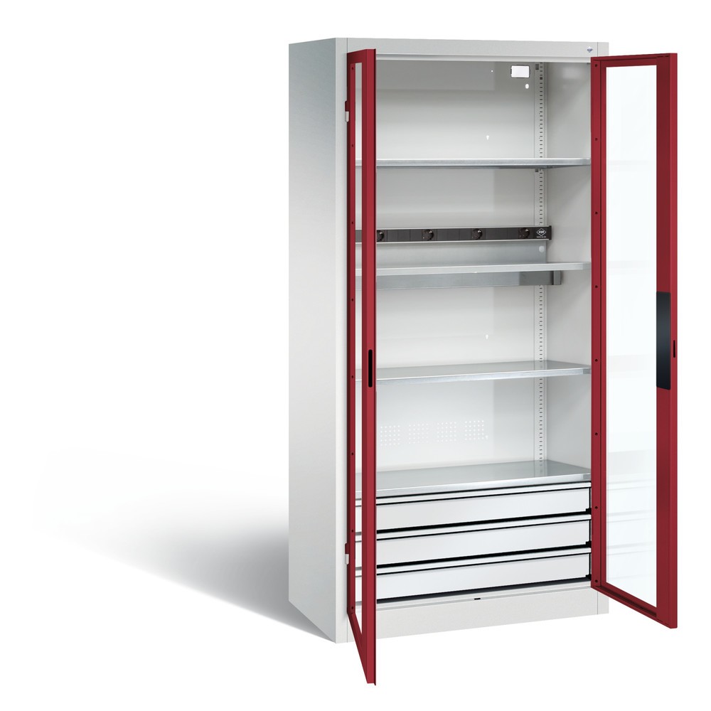 Produktabbildung: C+P Akku-Ladeschrank Serie 89, 3 Schubladen, 1 Elektro-Einlegeboden, 5-fach-Steckdosenleiste, 3 m Zuleitung, Sichtfenster, lichtgrau/rubinrot