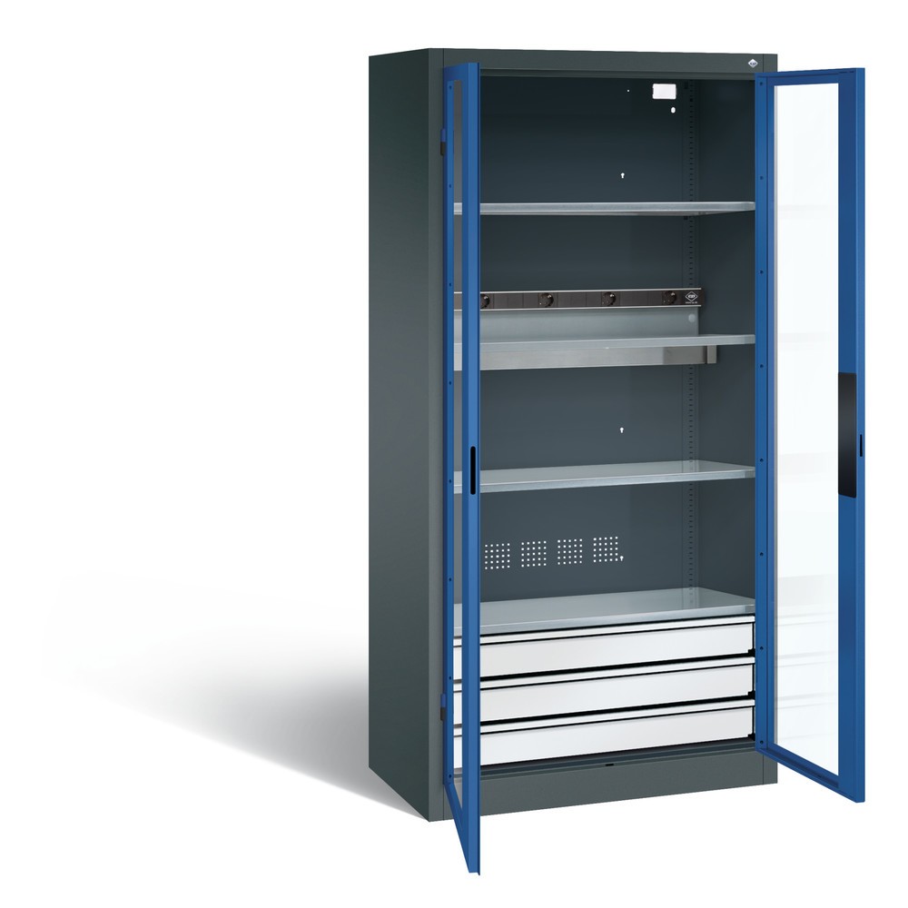Produktabbildung: C+P Akku-Ladeschrank Serie 89, 3 Schubladen, 1 Elektro-Einlegeboden, 5-fach-Steckdosenleiste, 3 m Zuleitung, Sichtfenster, anthrazitgrau/enzianblau