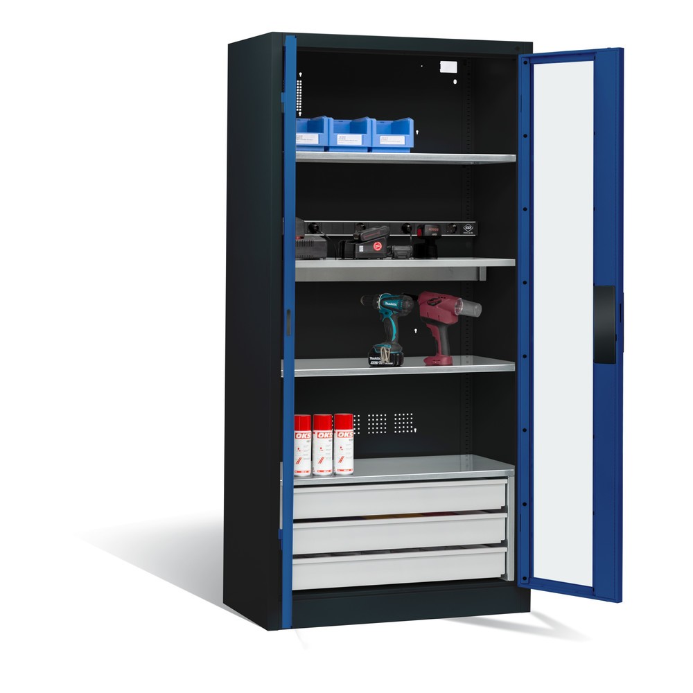 Produktabbildung Nr. 6: C+P Akku-Ladeschrank Serie 89, 3 Schubladen, 1 Elektro-Einlegeboden, 5-fach-Steckdosenleiste, 3 m Zuleitung, Sichtfenster, anthrazitgrau/enzianblau
