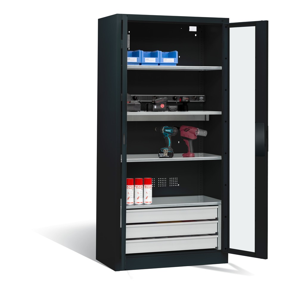 Produktabbildung Nr. 6: C+P Akku-Ladeschrank Serie 89, 3 Schubladen, 1 Elektro-Einlegeboden, 5-fach-Steckdosenleiste, 3 m Zuleitung, Sichtfenster, anthrazitgrau/anthrazitgrau