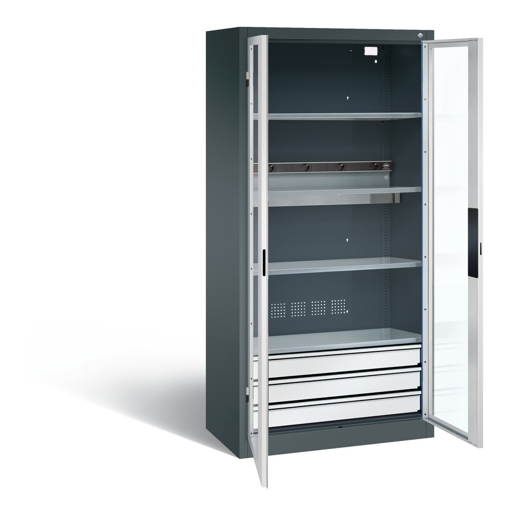 Produktabbildung: C+P Akku-Ladeschrank Serie 89, 3 Schubladen, 1 Elektro-Einlegeboden, 5-fach-Steckdosenleiste, 3 m Zuleitung, Sichtfenster, anthrazitgrau/lichtgrau