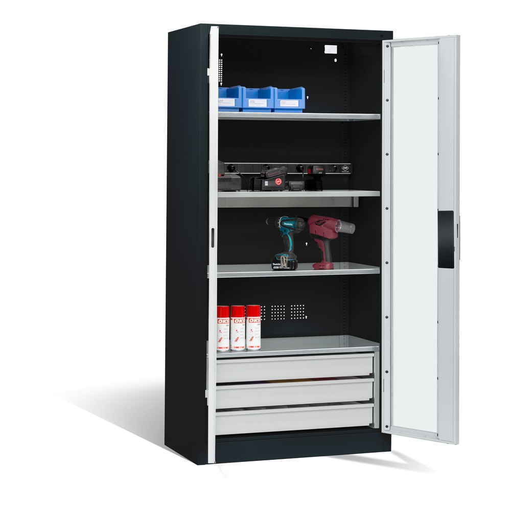 Produktabbildung Nr. 6: C+P Akku-Ladeschrank Serie 89, 3 Schubladen, 1 Elektro-Einlegeboden, 5-fach-Steckdosenleiste, 3 m Zuleitung, Sichtfenster, anthrazitgrau/lichtgrau