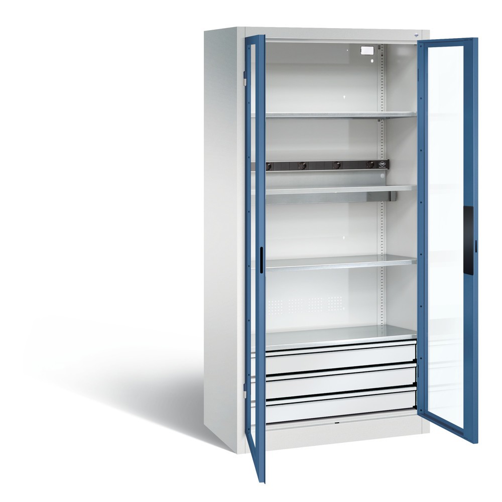 Produktabbildung: C+P Akku-Ladeschrank Serie 89, 3 Schubladen, 1 Elektro-Einlegeboden, 5-fach-Steckdosenleiste, 3 m Zuleitung, Sichtfenster, lichtgrau/fernblau