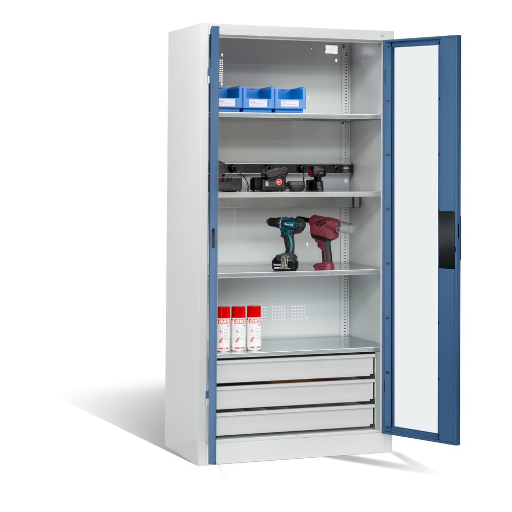 Produktabbildung Nr. 6: C+P Akku-Ladeschrank Serie 89, 3 Schubladen, 1 Elektro-Einlegeboden, 5-fach-Steckdosenleiste, 3 m Zuleitung, Sichtfenster, lichtgrau/fernblau
