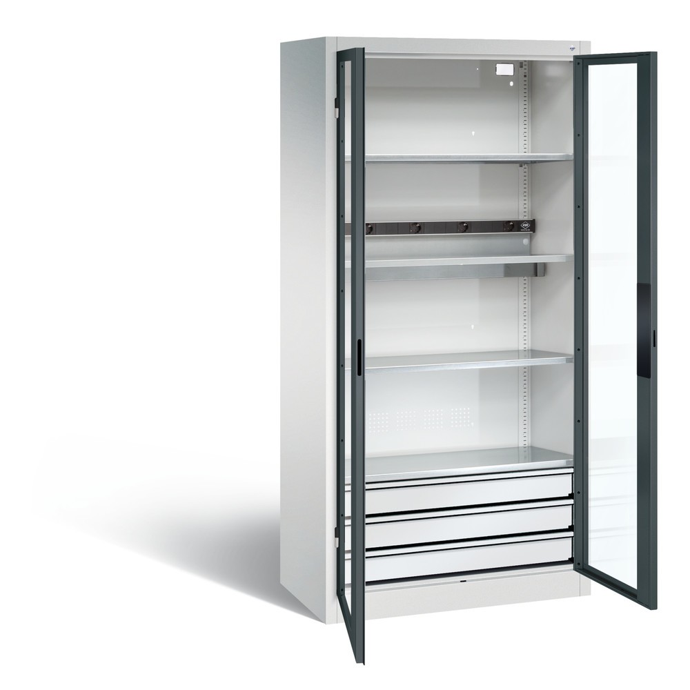 Produktabbildung: C+P Akku-Ladeschrank Serie 89, 3 Schubladen, 1 Elektro-Einlegeboden, 5-fach-Steckdosenleiste, 3 m Zuleitung, Sichtfenster, lichtgrau/anthrazitgrau
