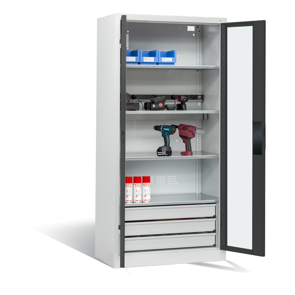 Produktabbildung Nr. 6: C+P Akku-Ladeschrank Serie 89, 3 Schubladen, 1 Elektro-Einlegeboden, 5-fach-Steckdosenleiste, 3 m Zuleitung, Sichtfenster, lichtgrau/anthrazitgrau