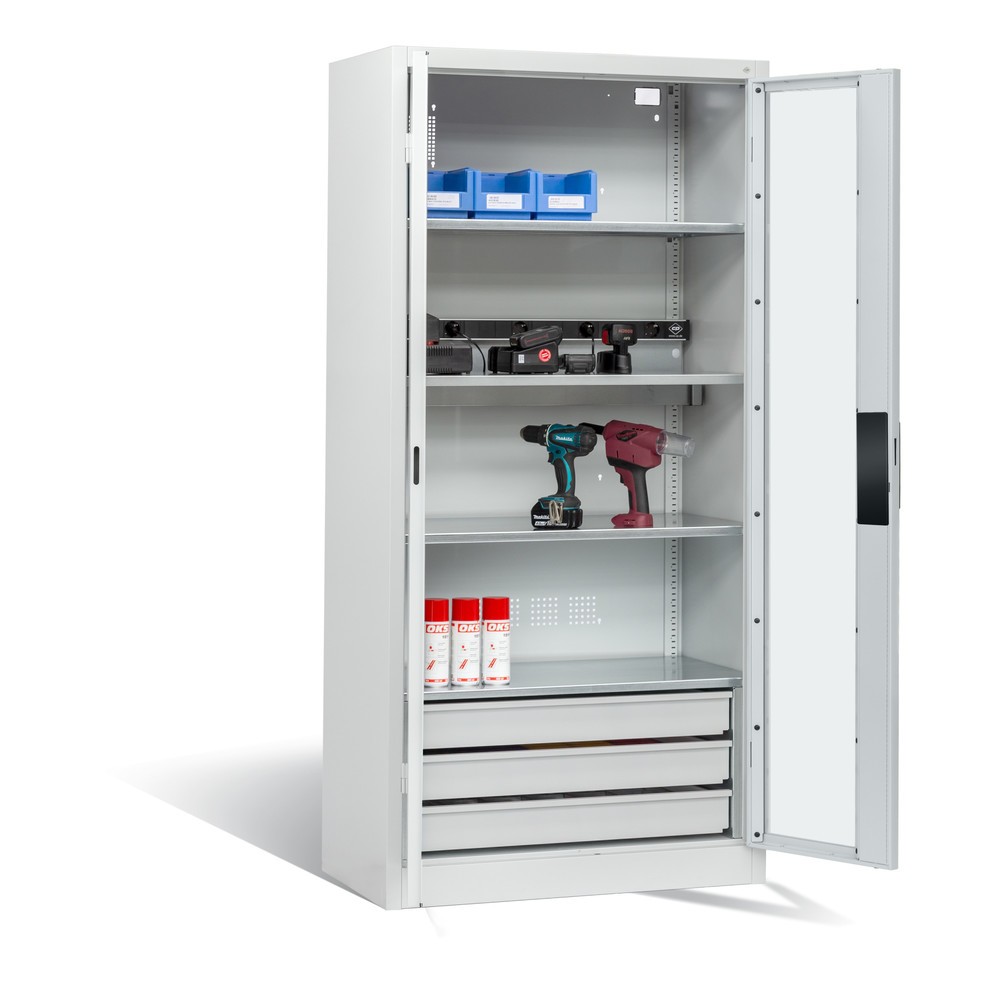 Produktabbildung Nr. 6: C+P Akku-Ladeschrank Serie 89, 3 Schubladen, 1 Elektro-Einlegeboden, 5-fach-Steckdosenleiste, 3 m Zuleitung, Sichtfenster, lichtgrau/lichtgrau