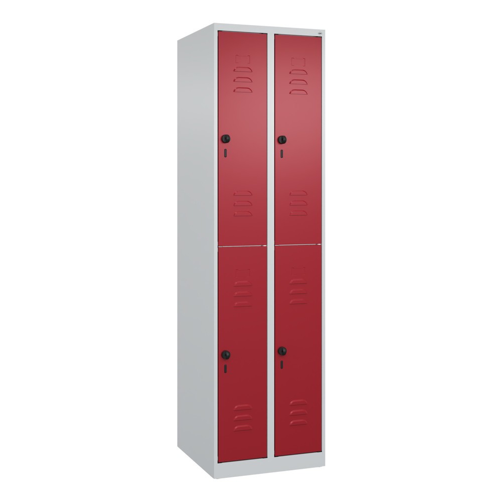 Produktabbildung: C+P Doppelstock-Spind Classic PLUS, 2 Abteile, HxBxT 1.850 x 500 x 500 mm, lichtgrau, rubinrot, für Vorhängeschloss, 4 Fächer