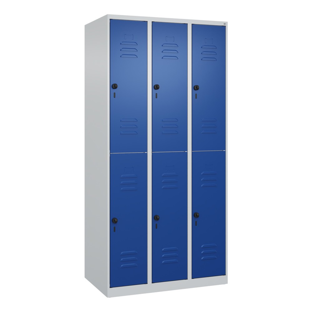 Produktabbildung: C+P Doppelstock-Spind Classic PLUS, 3 Abteile, HxBxT 1.850 x 900 x 500 mm, lichtgrau, enzianblau, für Vorhängeschloss, 6 Fächer