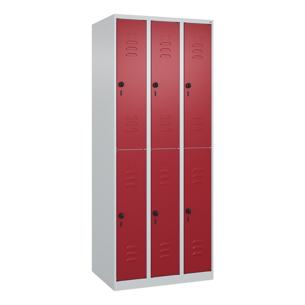 Produktabbildung: C+P Doppelstock-Spind Classic PLUS, 3 Abteile, HxBxT 1.850 x 750 x 500 mm, lichtgrau, rubinrot, für Vorhängeschloss, 6 Fächer