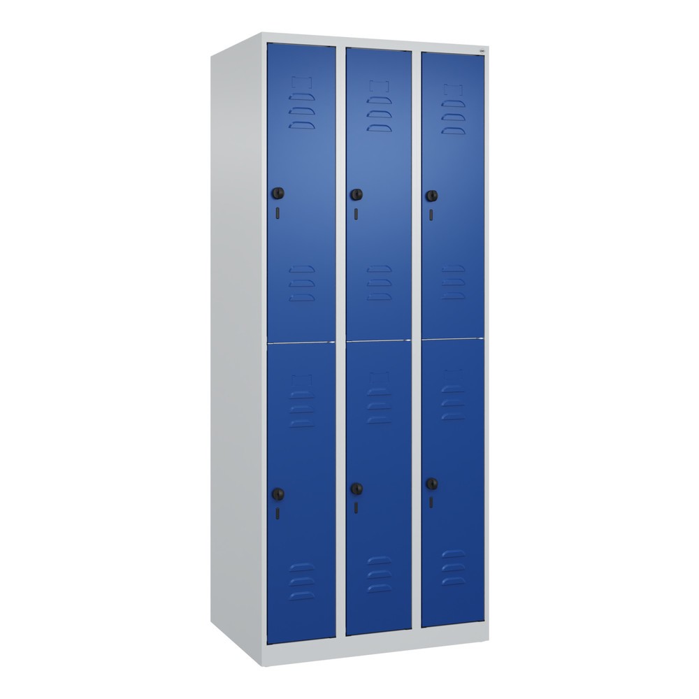 Produktabbildung: C+P Doppelstock-Spind Classic PLUS, 3 Abteile, HxBxT 1.850 x 750 x 500 mm, lichtgrau, enzianblau, für Vorhängeschloss, 6 Fächer