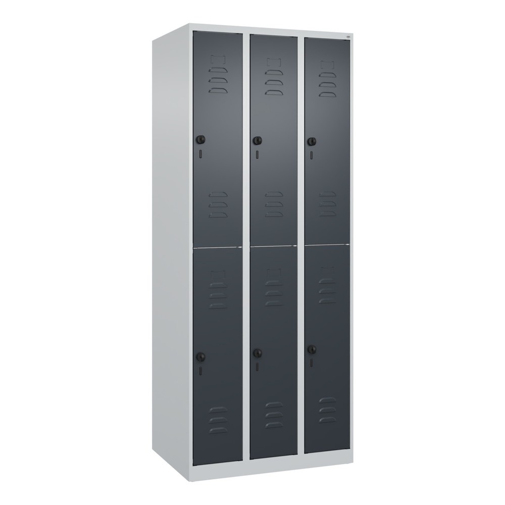 Produktabbildung: C+P Doppelstock-Spind Classic PLUS, 3 Abteile, HxBxT 1.850 x 750 x 500 mm, lichtgrau, anthrazitgrau, für Vorhängeschloss, 6 Fächer
