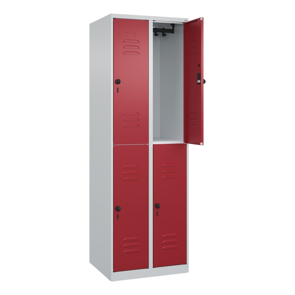 Produktabbildung: C+P Doppelstock-Spind Classic PLUS, 2 Abteile, HxBxT 1.850 x 600 x 500 mm, lichtgrau, rubinrot, für Vorhängeschloss, 4 Fächer