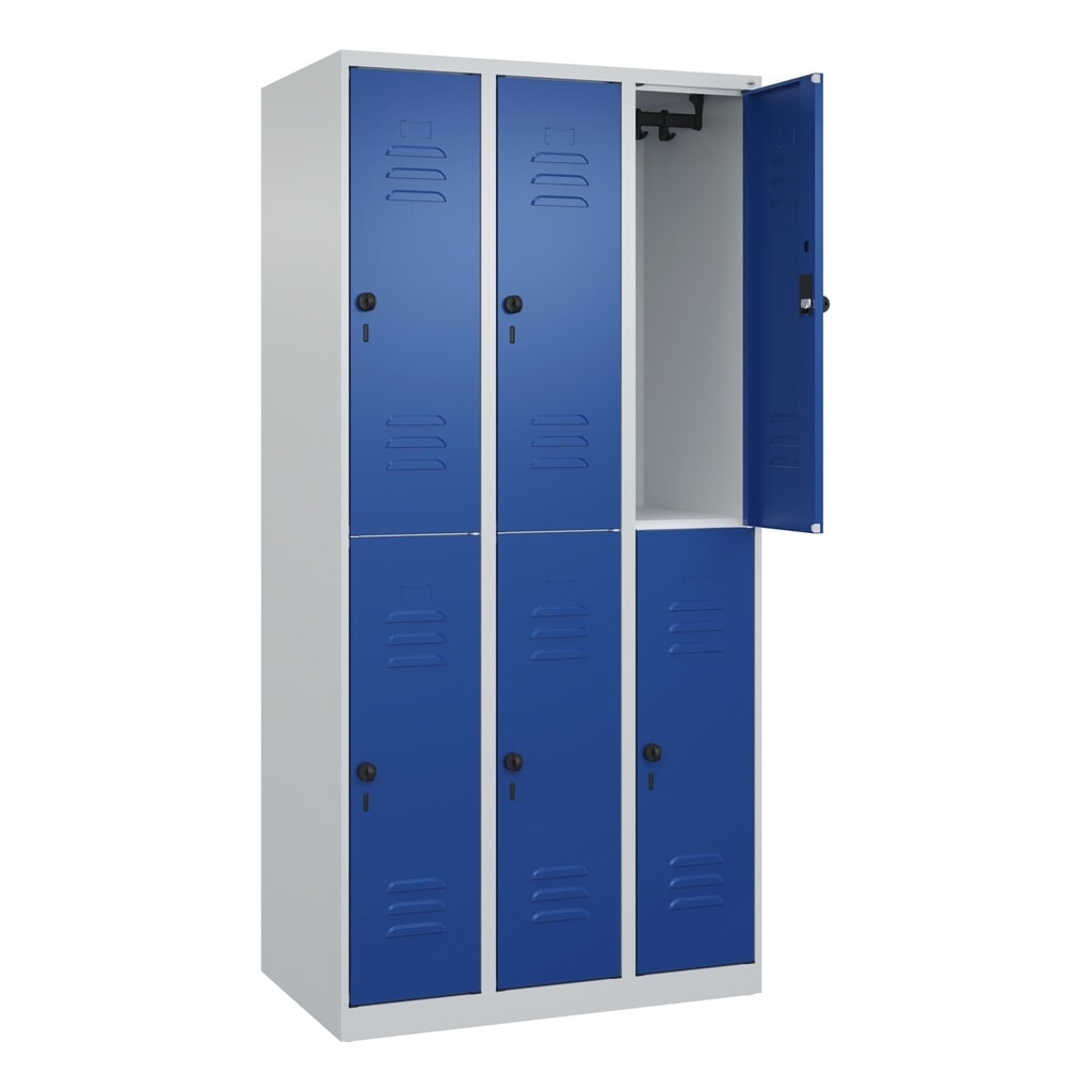 Produktabbildung: C+P Doppelstock-Spind Classic PLUS, 3 Abteile, HxBxT 1.850 x 900 x 500 mm, lichtgrau, enzianblau, für Vorhängeschloss, 6 Fächer