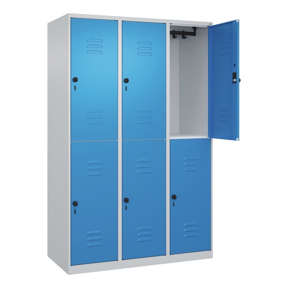 Produktabbildung Nr. 1: C+P Doppelstock-Spind Classic PLUS, 3 Abteile, HxBxT 1.850 x 1.200 x 500 mm, lichtgrau, lichtblau, für Vorhängeschloss, 6 Fächer