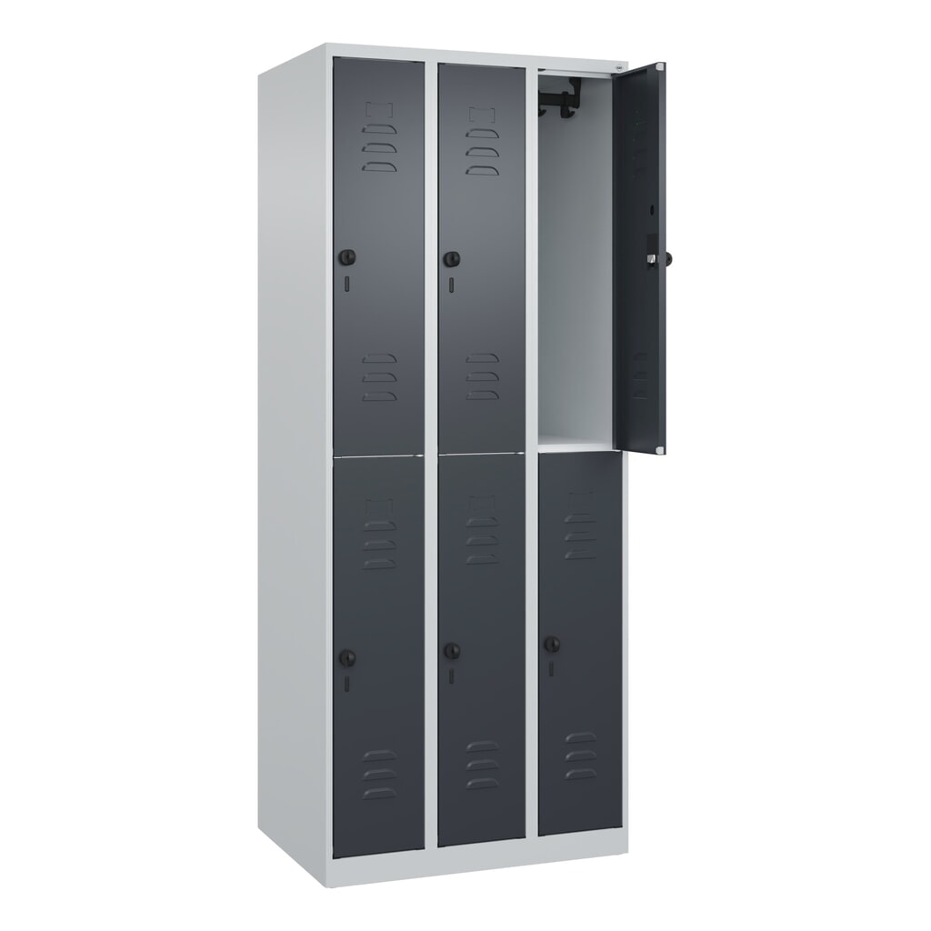 C+P Doppelstock-Spind Classic PLUS, 3 Abteile, HxBxT 1.850 x 750 x 500 mm, lichtgrau, anthrazitgrau, für Vorhängeschloss, 6 Fächer Produktabbildung Nr. 1: C+P Doppelstock-Spind Classic PLUS, 3 Abteile, HxBxT 1.850 x 750 x 500 mm, lichtgrau, anthrazitgrau, für Vorhängeschloss, 6 Fächer