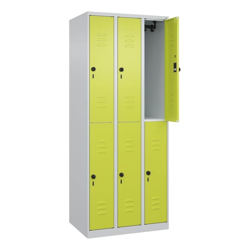 Produktabbildung Nr. 1: C+P Doppelstock-Spind Classic PLUS, 3 Abteile, HxBxT 1.850 x 750 x 500 mm, lichtgrau, clowngrün, für Vorhängeschloss, 6 Fächer
