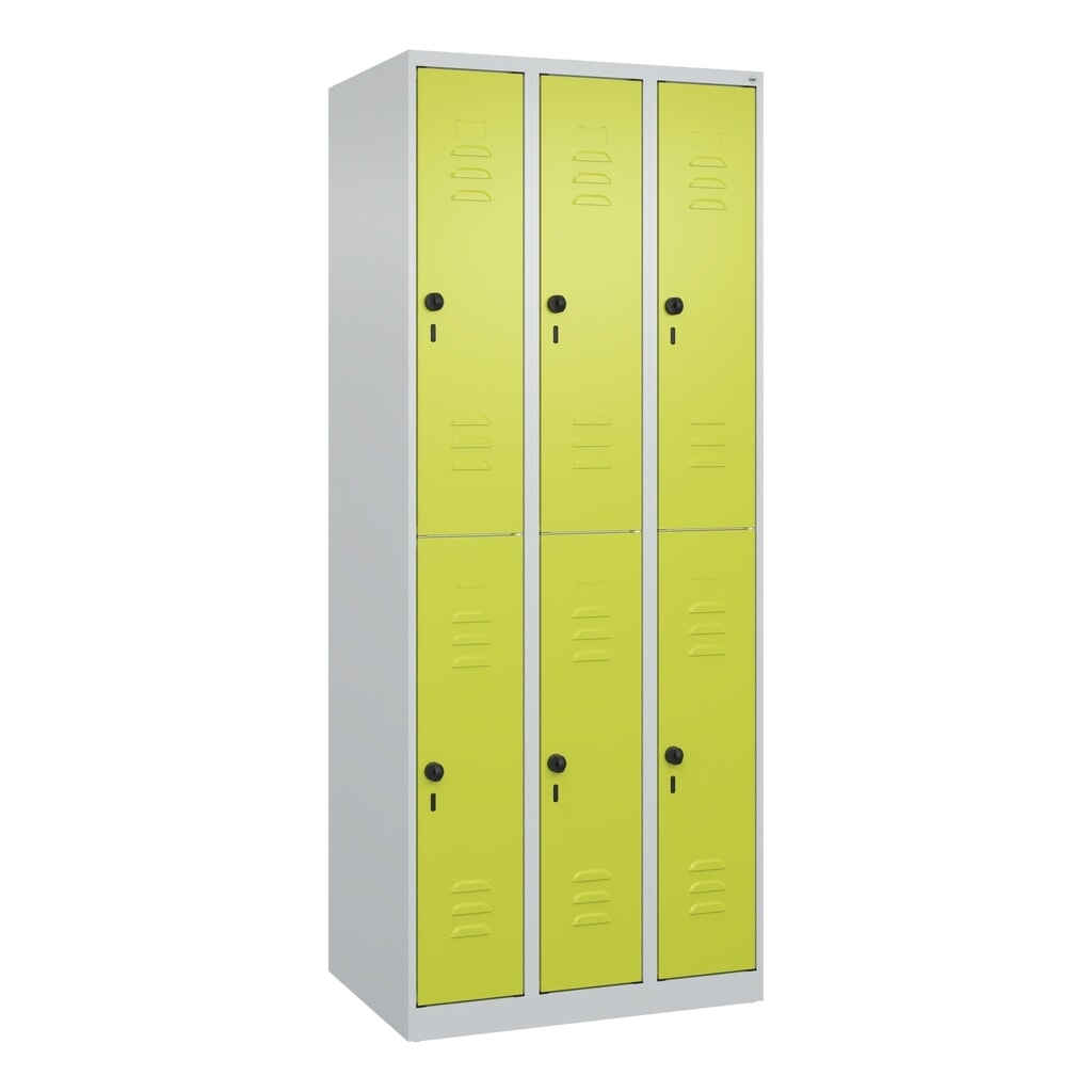 Produktabbildung Nr. 9: C+P Doppelstock-Spind Classic PLUS, 3 Abteile, HxBxT 1.850 x 750 x 500 mm, lichtgrau, clowngrün, für Vorhängeschloss, 6 Fächer