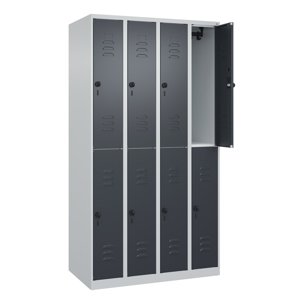 C+P Doppelstock-Spind Classic PLUS, 4 Abteile, HxBxT 1.850 x 1.000 x 500 mm, lichtgrau, anthrazitgrau, für Vorhängeschloss, 8 Fächer Produktabbildung: C+P Doppelstock-Spind Classic PLUS, 4 Abteile, HxBxT 1.850 x 1.000 x 500 mm, lichtgrau, anthrazitgrau, für Vorhängeschloss, 8 Fächer