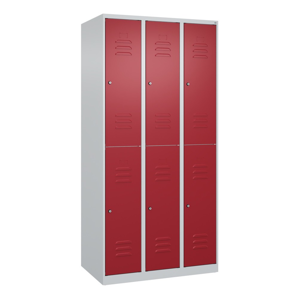 Produktabbildung: C+P Doppelstock-Spind Classic PLUS, 3 Abteile, HxBxT 1.850 x 900 x 500 mm, lichtgrau, rubinrot, Zylinderschloss, 6 Fächer
