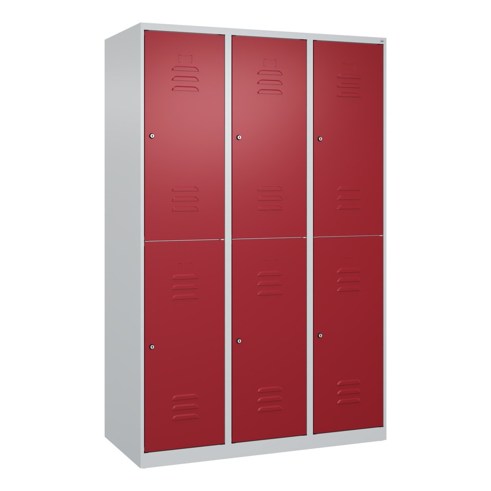 Produktabbildung: C+P Doppelstock-Spind Classic PLUS, 3 Abteile, HxBxT 1.850 x 1.200 x 500 mm, lichtgrau, rubinrot, Zylinderschloss, 6 Fächer
