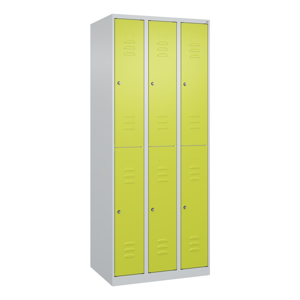 Produktabbildung: C+P Doppelstock-Spind Classic PLUS, 3 Abteile, HxBxT 1.850 x 750 x 500 mm, lichtgrau, clowngrün, Zylinderschloss, 6 Fächer
