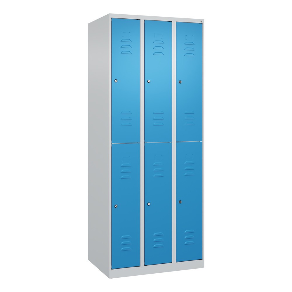Produktabbildung: C+P Doppelstock-Spind Classic PLUS, 3 Abteile, HxBxT 1.850 x 750 x 500 mm, lichtgrau, lichtblau, Zylinderschloss, 6 Fächer