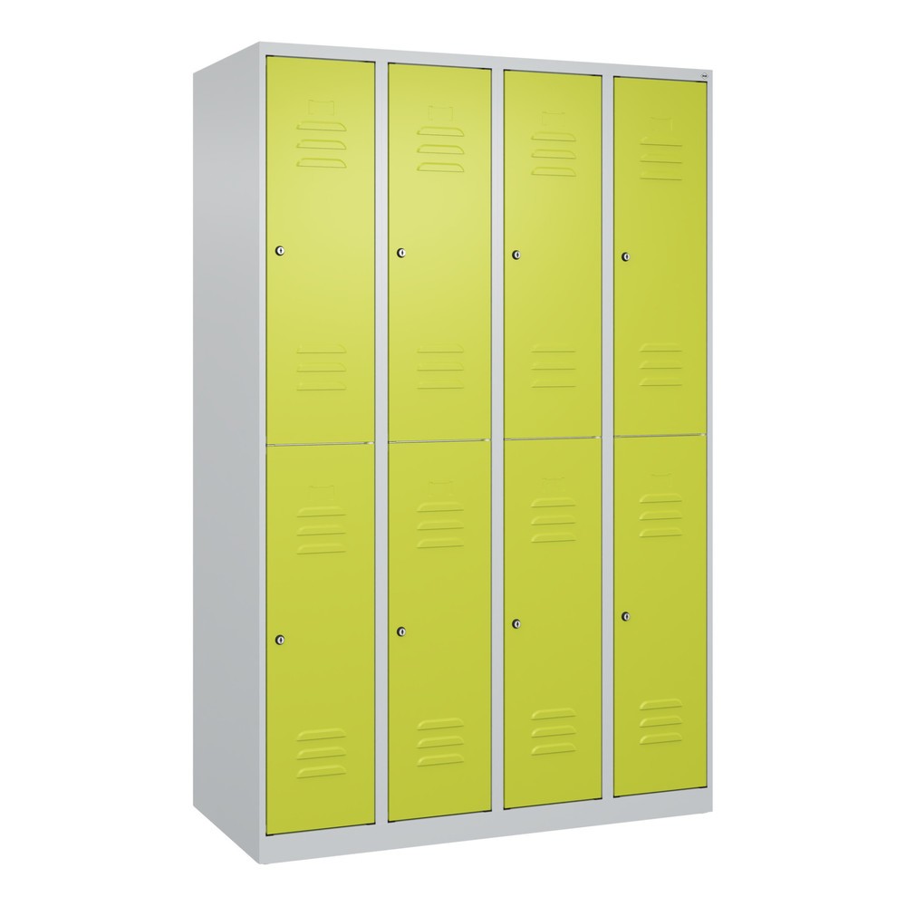 Produktabbildung: C+P Doppelstock-Spind Classic PLUS, 4 Abteile, HxBxT 1.850 x 1.200 x 500 mm, lichtgrau, clowngrün, Zylinderschloss, 8 Fächer