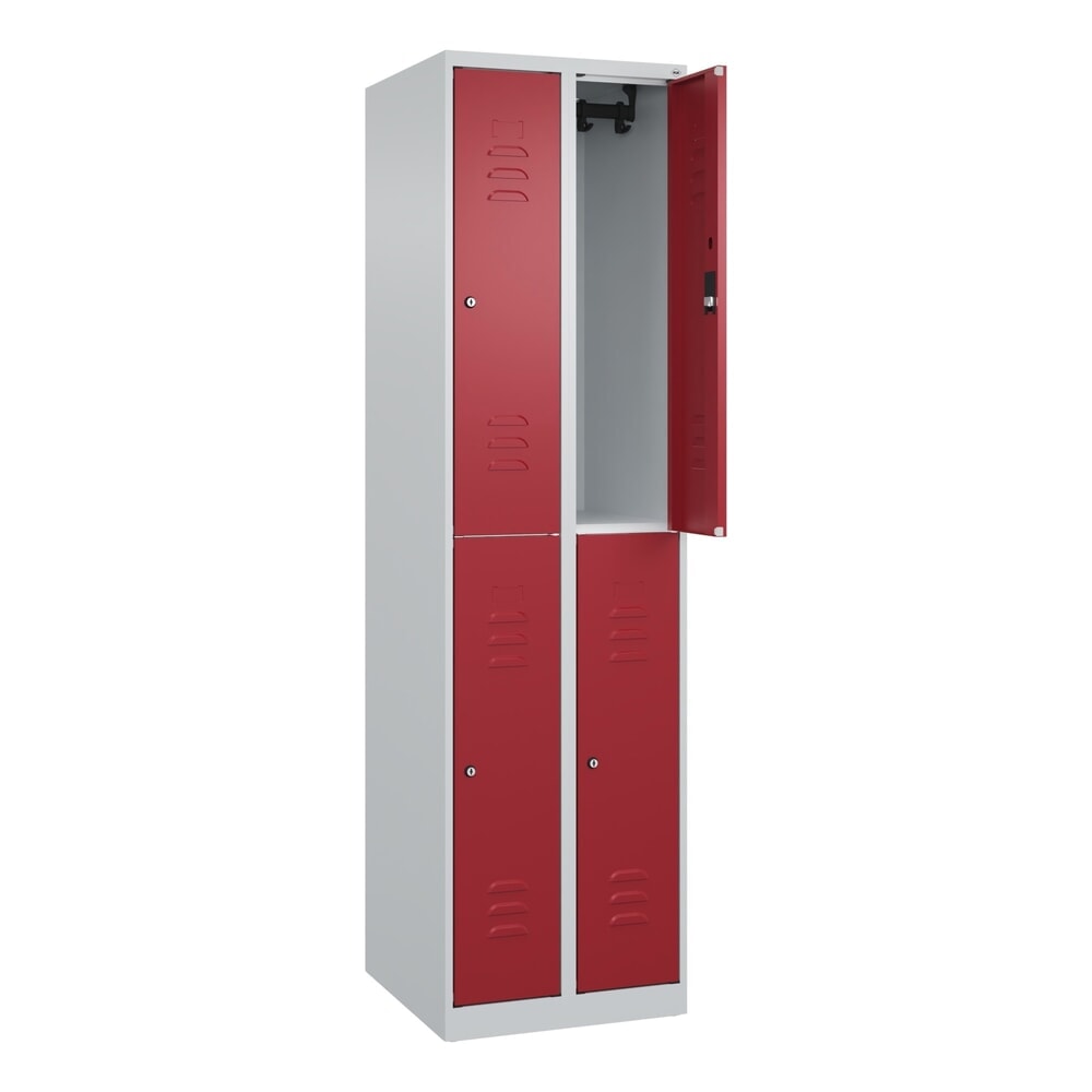 Produktabbildung Nr. 1: C+P Doppelstock-Spind Classic PLUS, 2 Abteile, HxBxT 1.850 x 500 x 500 mm, lichtgrau, rubinrot, Zylinderschloss, 4 Fächer