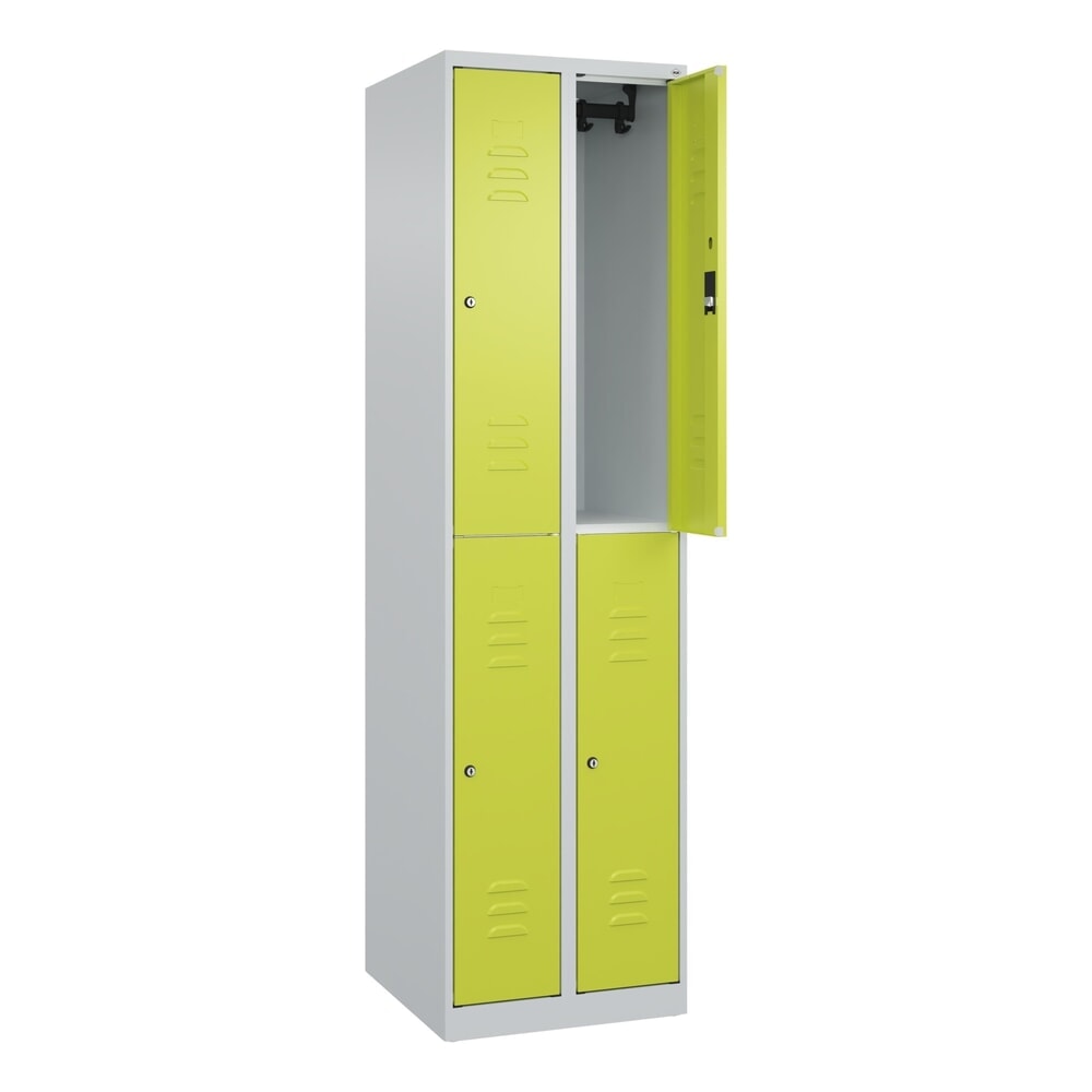 Produktabbildung: C+P Doppelstock-Spind Classic PLUS, 2 Abteile, HxBxT 1.850 x 500 x 500 mm, lichtgrau, clowngrün, Zylinderschloss, 4 Fächer