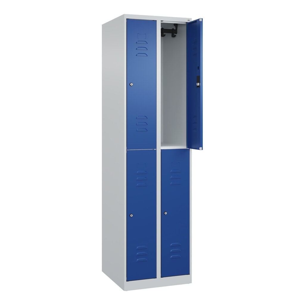 C+P Doppelstock-Spind Classic PLUS, 2 Abteile, HxBxT 1.850 x 500 x 500 mm, lichtgrau, enzianblau, Zylinderschloss, 4 Fächer Produktabbildung: C+P Doppelstock-Spind Classic PLUS, 2 Abteile, HxBxT 1.850 x 500 x 500 mm, lichtgrau, enzianblau, Zylinderschloss, 4 Fächer