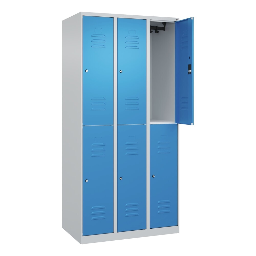 Produktabbildung: C+P Doppelstock-Spind Classic PLUS, 3 Abteile, HxBxT 1.850 x 900 x 500 mm, lichtgrau, lichtblau, Zylinderschloss, 6 Fächer