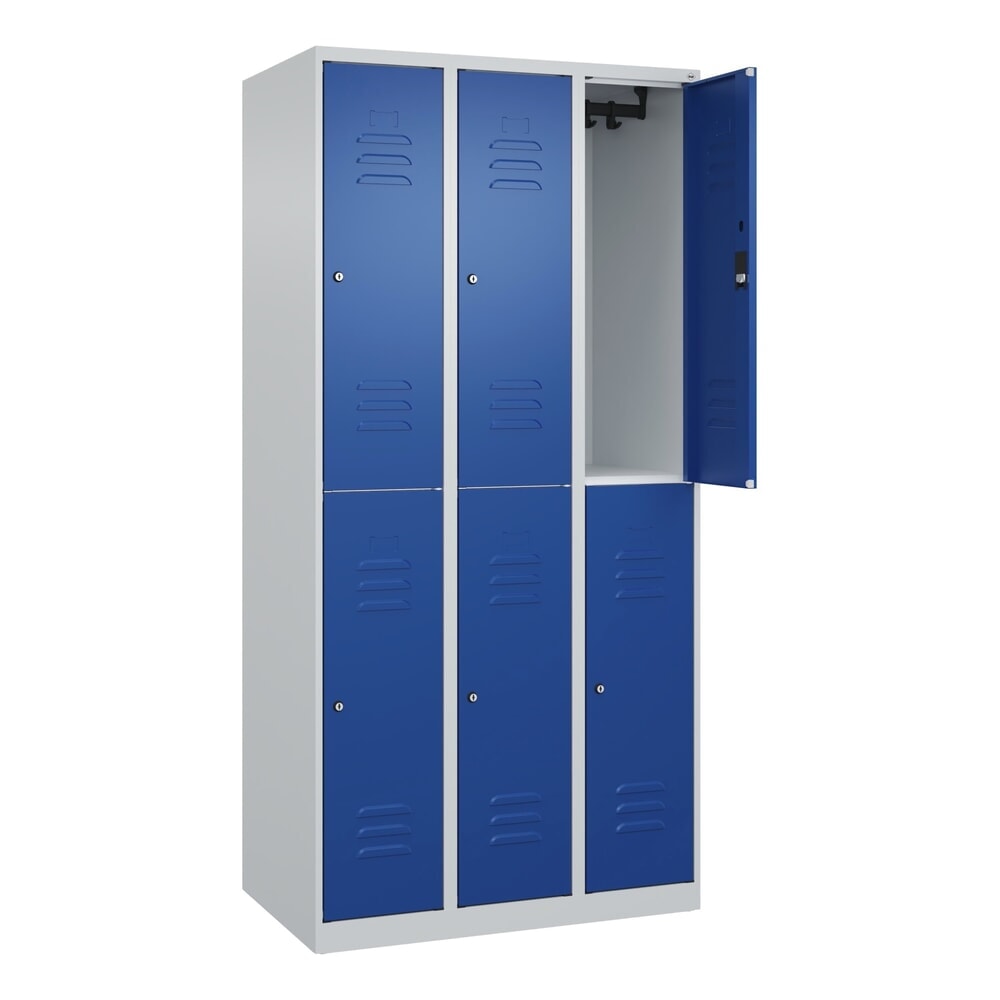 Produktabbildung: C+P Doppelstock-Spind Classic PLUS, 3 Abteile, HxBxT 1.850 x 900 x 500 mm, lichtgrau, enzianblau, Zylinderschloss, 6 Fächer