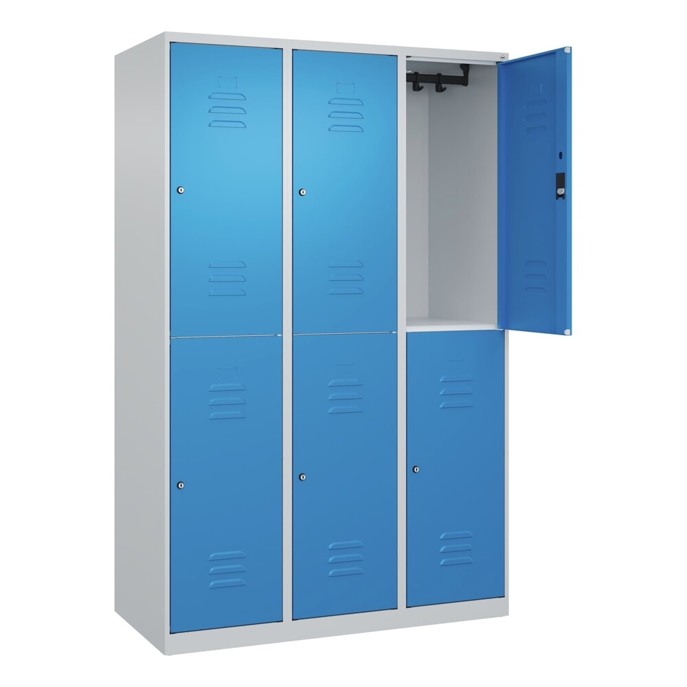 Produktabbildung: C+P Doppelstock-Spind Classic PLUS, 3 Abteile, HxBxT 1.850 x 1.200 x 500 mm, lichtgrau, lichtblau, Zylinderschloss, 6 Fächer