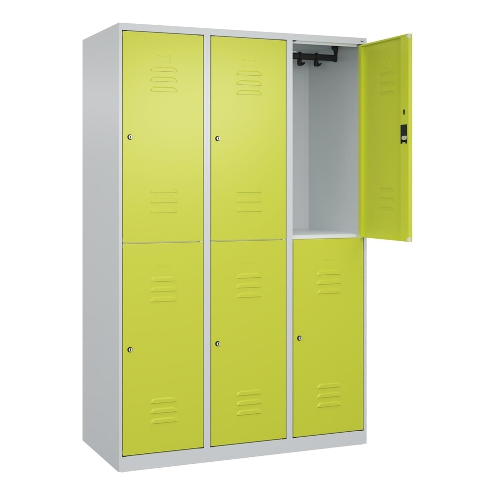 Produktabbildung: C+P Doppelstock-Spind Classic PLUS, 3 Abteile, HxBxT 1.850 x 1.200 x 500 mm, lichtgrau, clowngrün, Zylinderschloss, 6 Fächer