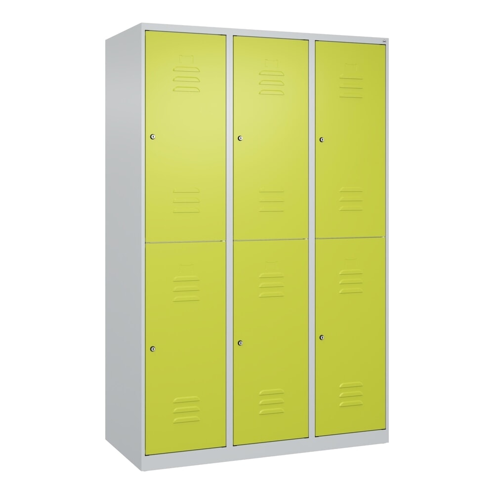 Produktabbildung Nr. 9: C+P Doppelstock-Spind Classic PLUS, 3 Abteile, HxBxT 1.850 x 1.200 x 500 mm, lichtgrau, clowngrün, Zylinderschloss, 6 Fächer