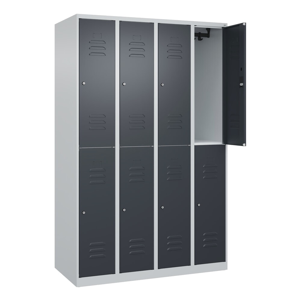 Produktabbildung: C+P Doppelstock-Spind Classic PLUS, 4 Abteile, HxBxT 1.850 x 1.200 x 500 mm, lichtgrau, anthrazitgrau, Zylinderschloss, 8 Fächer