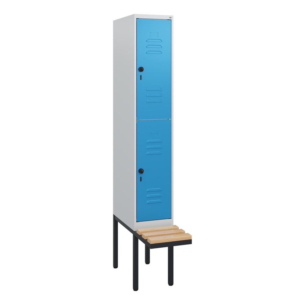 Produktabbildung: C+P Doppelstock-Spind Classic PLUS, 1 Abteil, HxBxT 1.950 x 300 x 815 mm, für Vorhängeschloss, auskragende Bank aus Buche, lichtgrau, lichtblau
