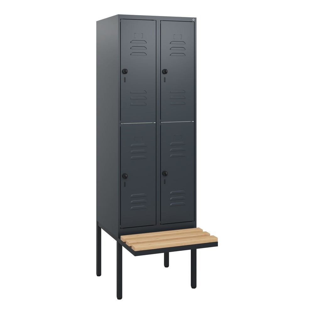 Produktabbildung: C+P Doppelstock-Spind Classic PLUS, 2 Abteile, HxBxT 1.950 x 600 x 815 mm, für Vorhängeschloss, auskragende Bank aus Buche, anthrazitgrau, anthrazitgrau