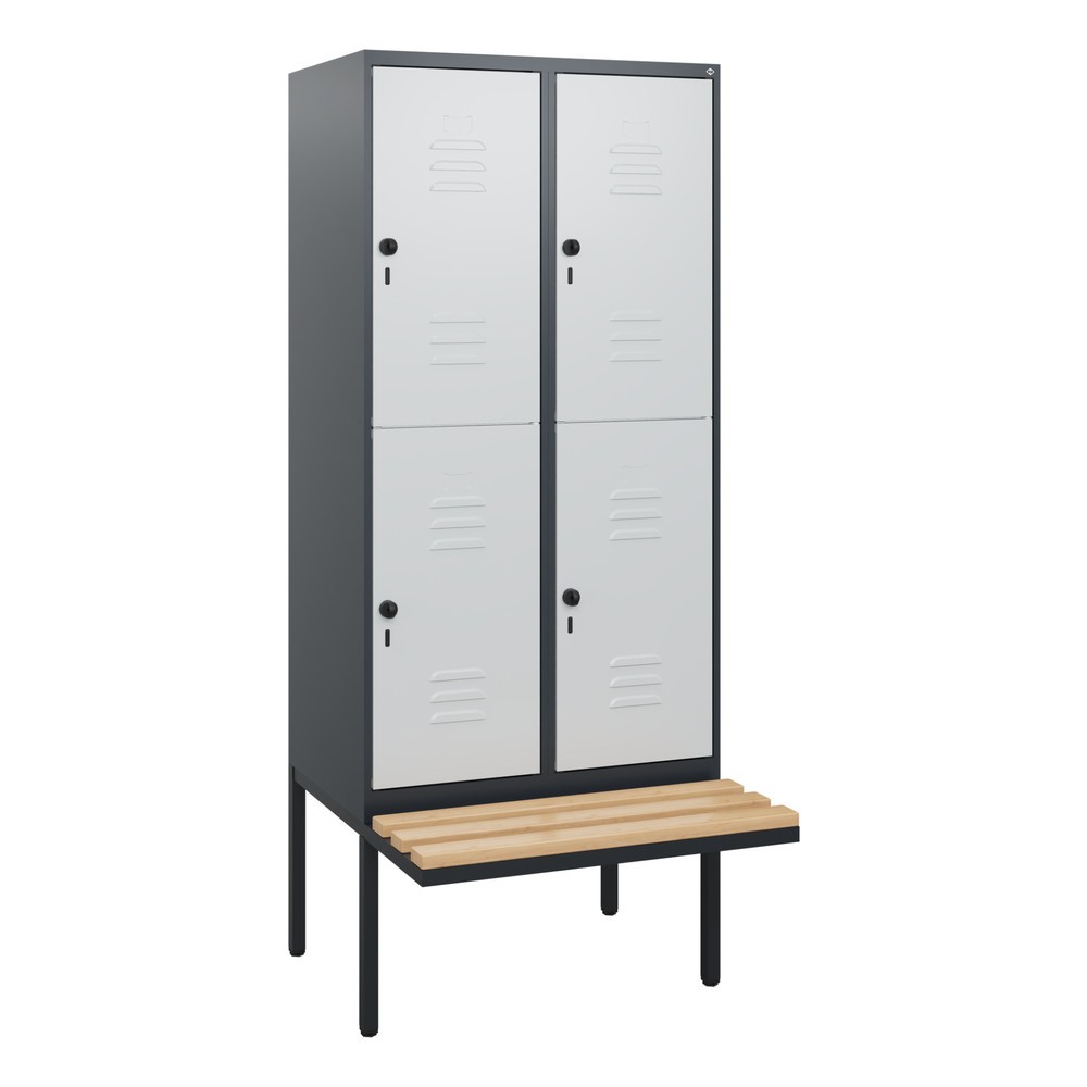 Produktabbildung: C+P Doppelstock-Spind Classic PLUS, 2 Abteile, HxBxT 1.950 x 800 x 815 mm, für Vorhängeschloss, auskragende Bank aus Buche, anthrazitgrau, lichtgrau