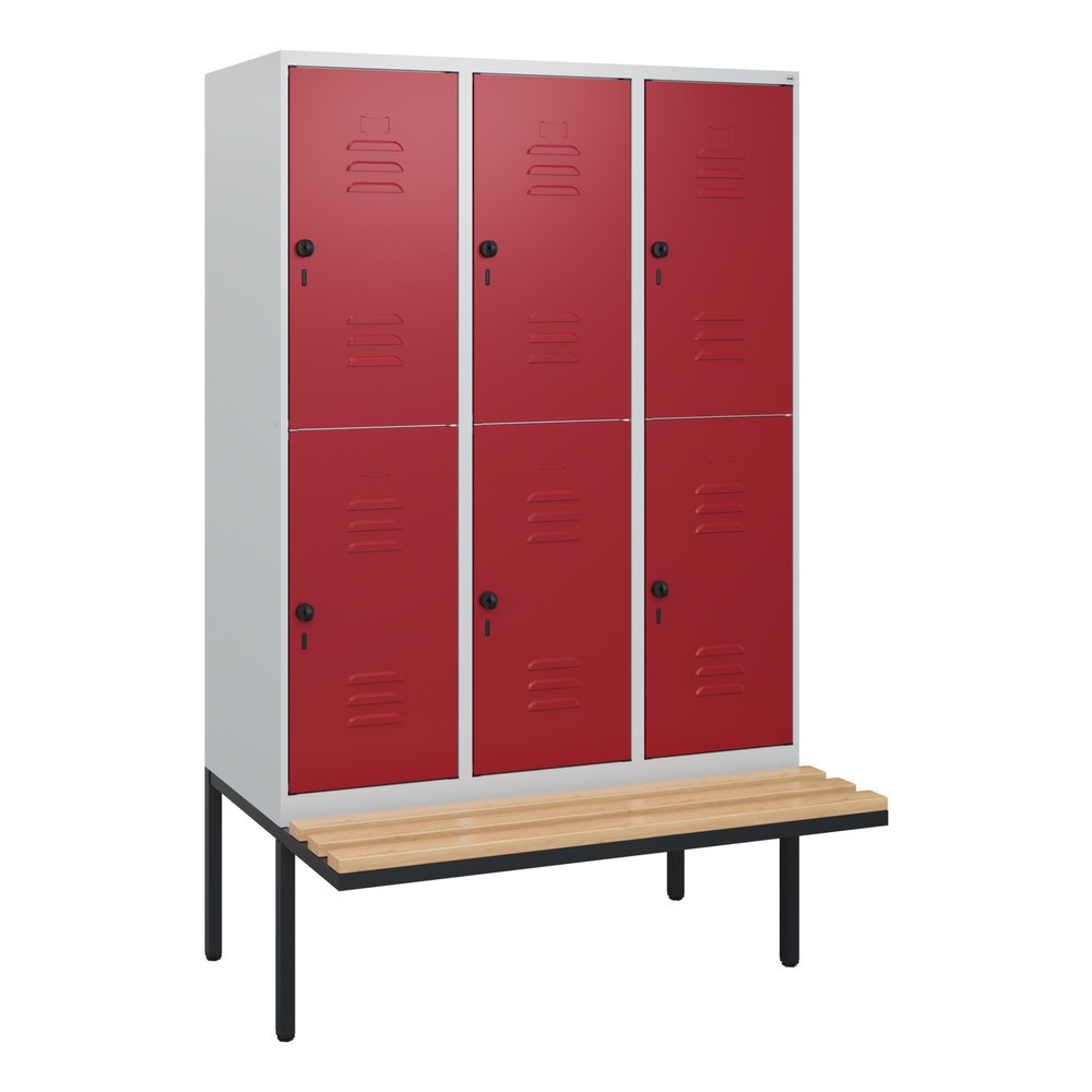 Produktabbildung: C+P Doppelstock-Spind Classic PLUS, 3 Abteile, HxBxT 1.950 x 1.200 x 815 mm, für Vorhängeschloss, auskragende Bank aus Buche, lichtgrau, rubinrot