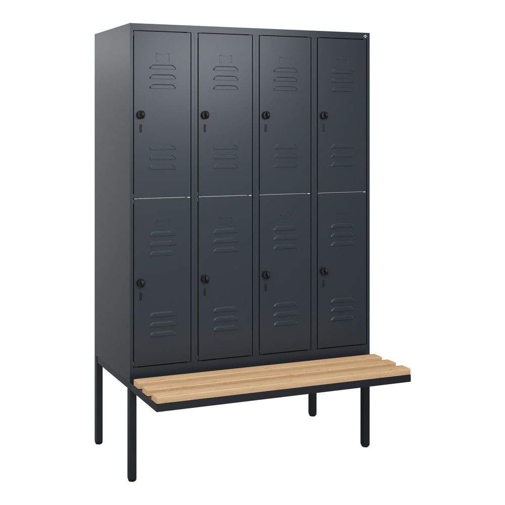 Produktabbildung: C+P Doppelstock-Spind Classic PLUS, 4 Abteile, HxBxT 1.950 x 1.200 x 815 mm, für Vorhängeschloss, auskragende Bank aus Buche, anthrazitgrau, anthrazitgrau
