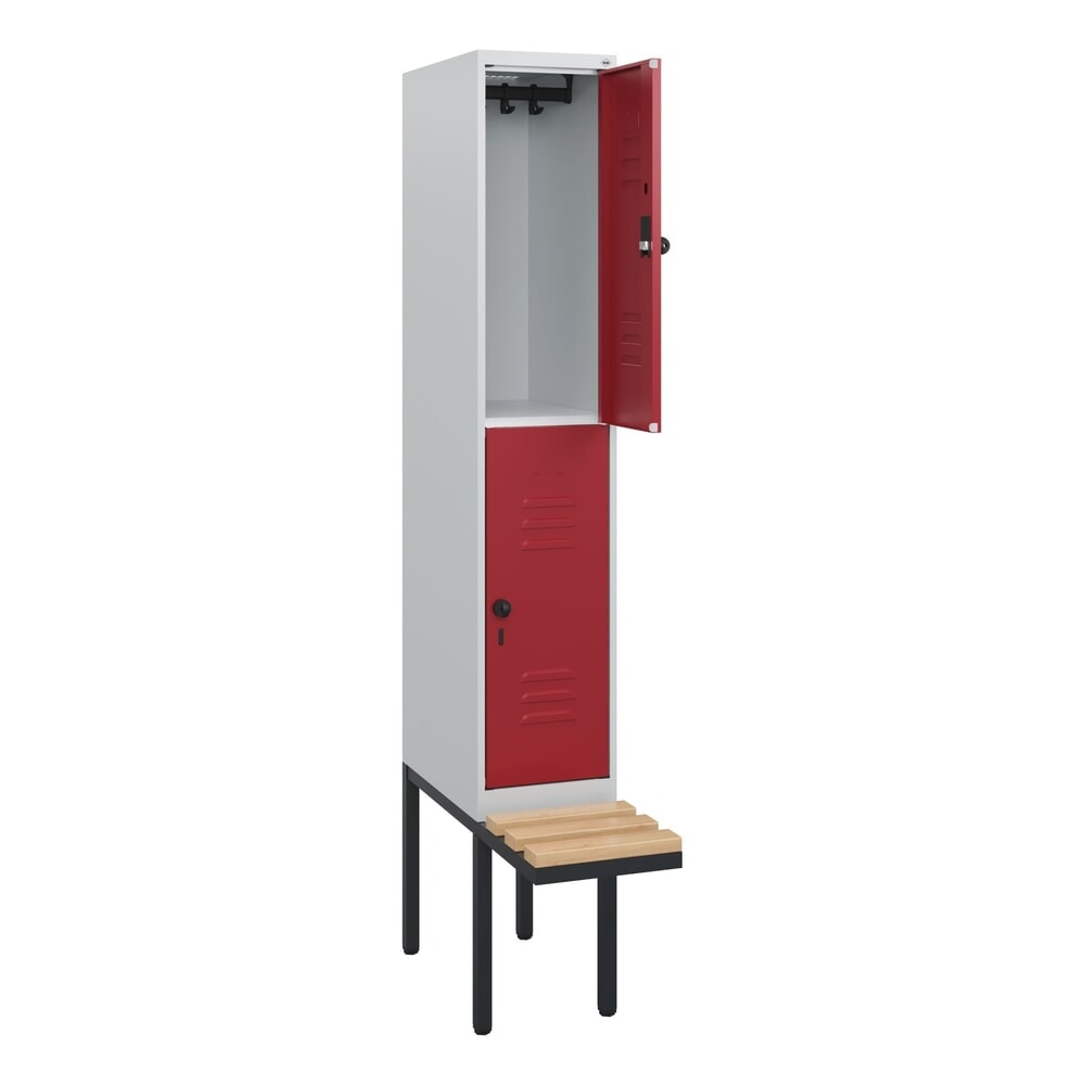 Produktabbildung Nr. 1: C+P Doppelstock-Spind Classic PLUS, 1 Abteil, HxBxT 1.950 x 300 x 815 mm, für Vorhängeschloss, auskragende Bank aus Buche, lichtgrau, rubinrot