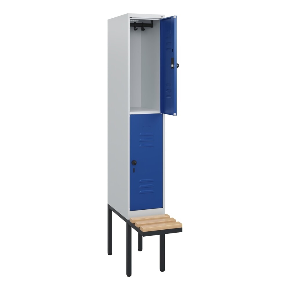 Produktabbildung Nr. 1: C+P Doppelstock-Spind Classic PLUS, 1 Abteil, HxBxT 1.950 x 300 x 815 mm, für Vorhängeschloss, auskragende Bank aus Buche, lichtgrau, enzianblau