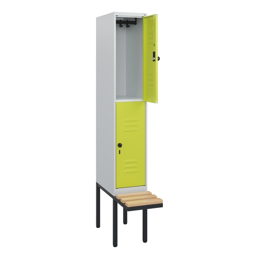 Produktabbildung Nr. 1: C+P Doppelstock-Spind Classic PLUS, 1 Abteil, HxBxT 1.950 x 300 x 815 mm, für Vorhängeschloss, auskragende Bank aus Buche, lichtgrau, clowngrün