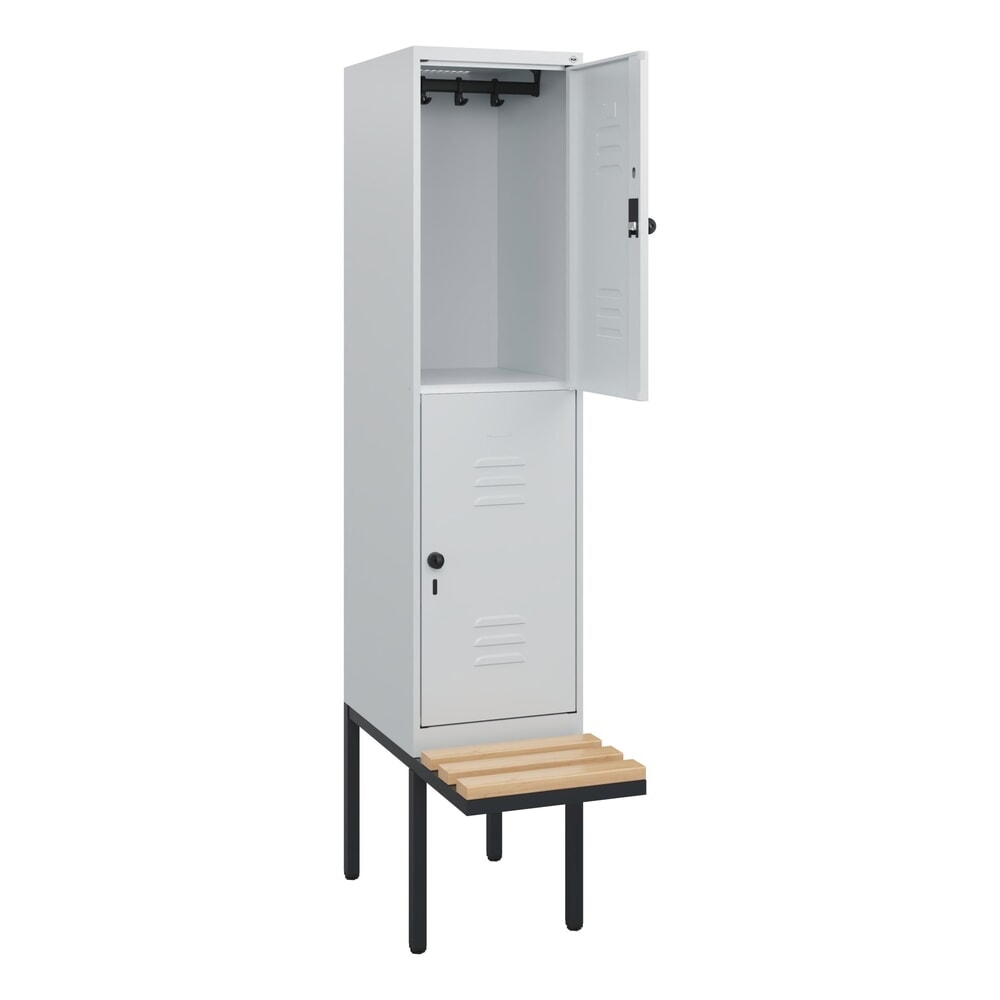 Produktabbildung: C+P Doppelstock-Spind Classic PLUS, 1 Abteil, HxBxT 1.950 x 400 x 815 mm, für Vorhängeschloss, auskragende Bank aus Buche, lichtgrau, lichtgrau