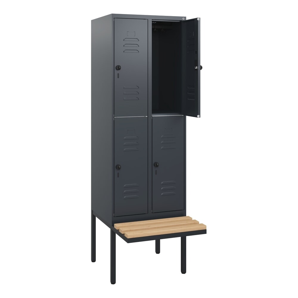 Produktabbildung: C+P Doppelstock-Spind Classic PLUS, 2 Abteile, HxBxT 1.950 x 600 x 815 mm, für Vorhängeschloss, auskragende Bank aus Buche, anthrazitgrau, anthrazitgrau