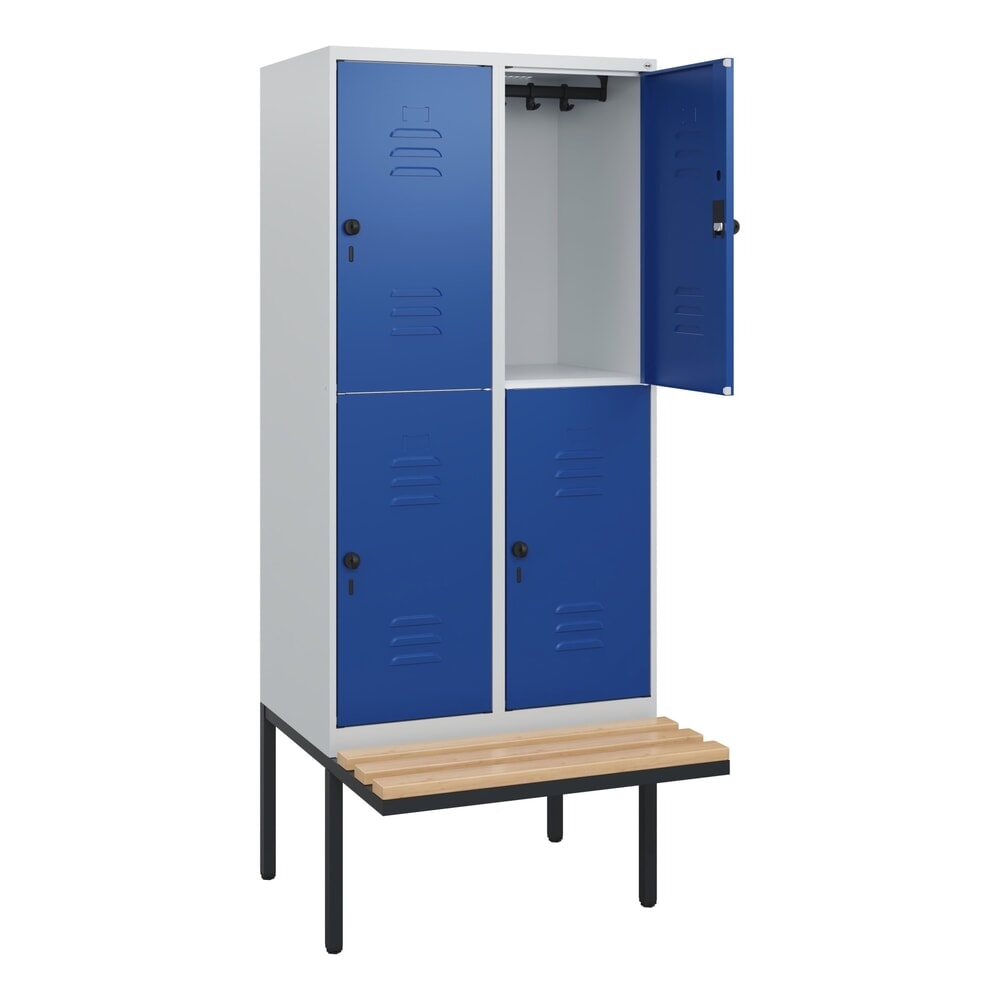 Produktabbildung Nr. 1: C+P Doppelstock-Spind Classic PLUS, 2 Abteile, HxBxT 1.950 x 800 x 815 mm, für Vorhängeschloss, auskragende Bank aus Buche, lichtgrau, enzianblau