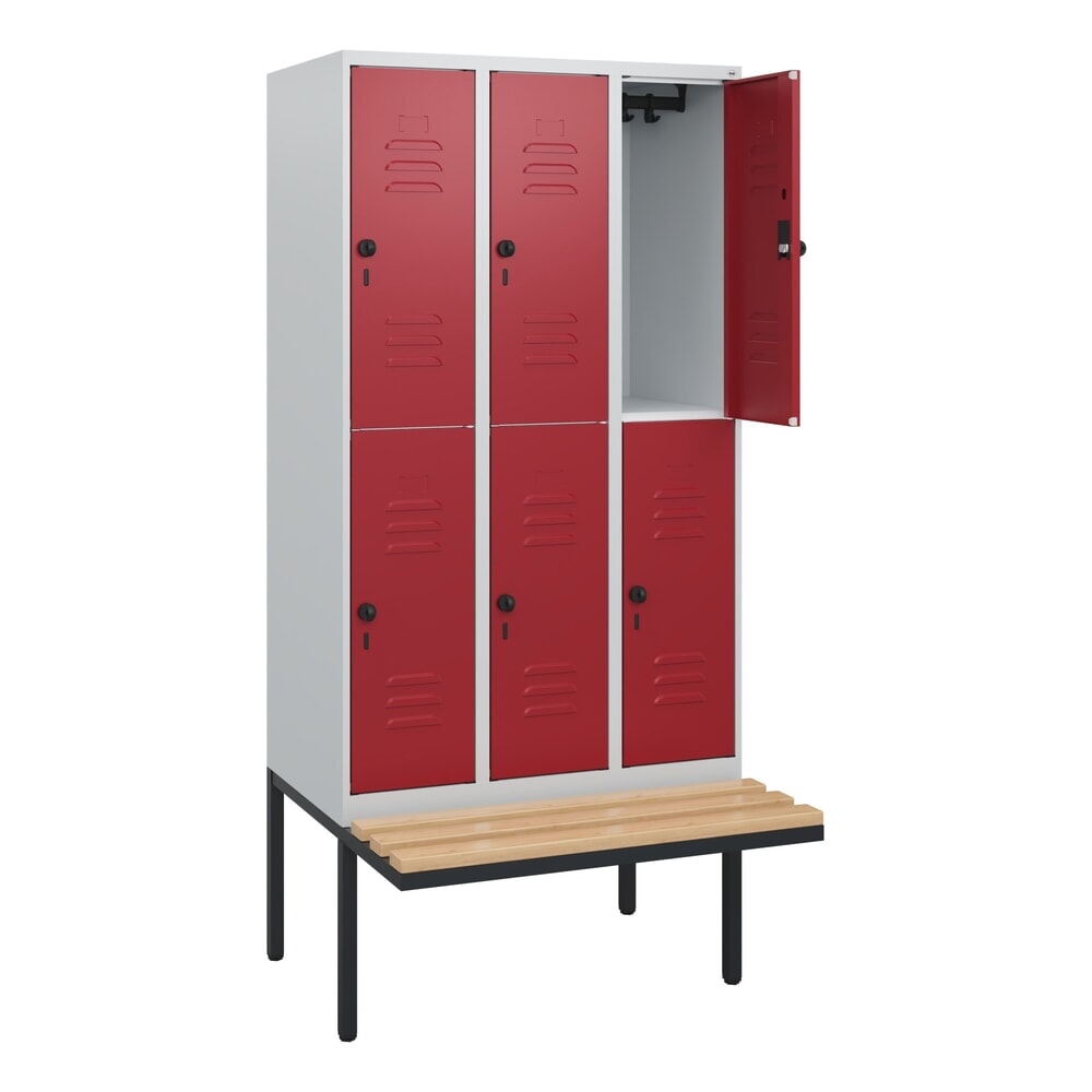 C+P Doppelstock-Spind Classic PLUS, 3 Abteile, HxBxT 1.950 x 900 x 815 mm, für Vorhängeschloss, auskragende Bank aus Buche, lichtgrau, rubinrot Produktabbildung Nr. 1: C+P Doppelstock-Spind Classic PLUS, 3 Abteile, HxBxT 1.950 x 900 x 815 mm, für Vorhängeschloss, auskragende Bank aus Buche, lichtgrau, rubinrot