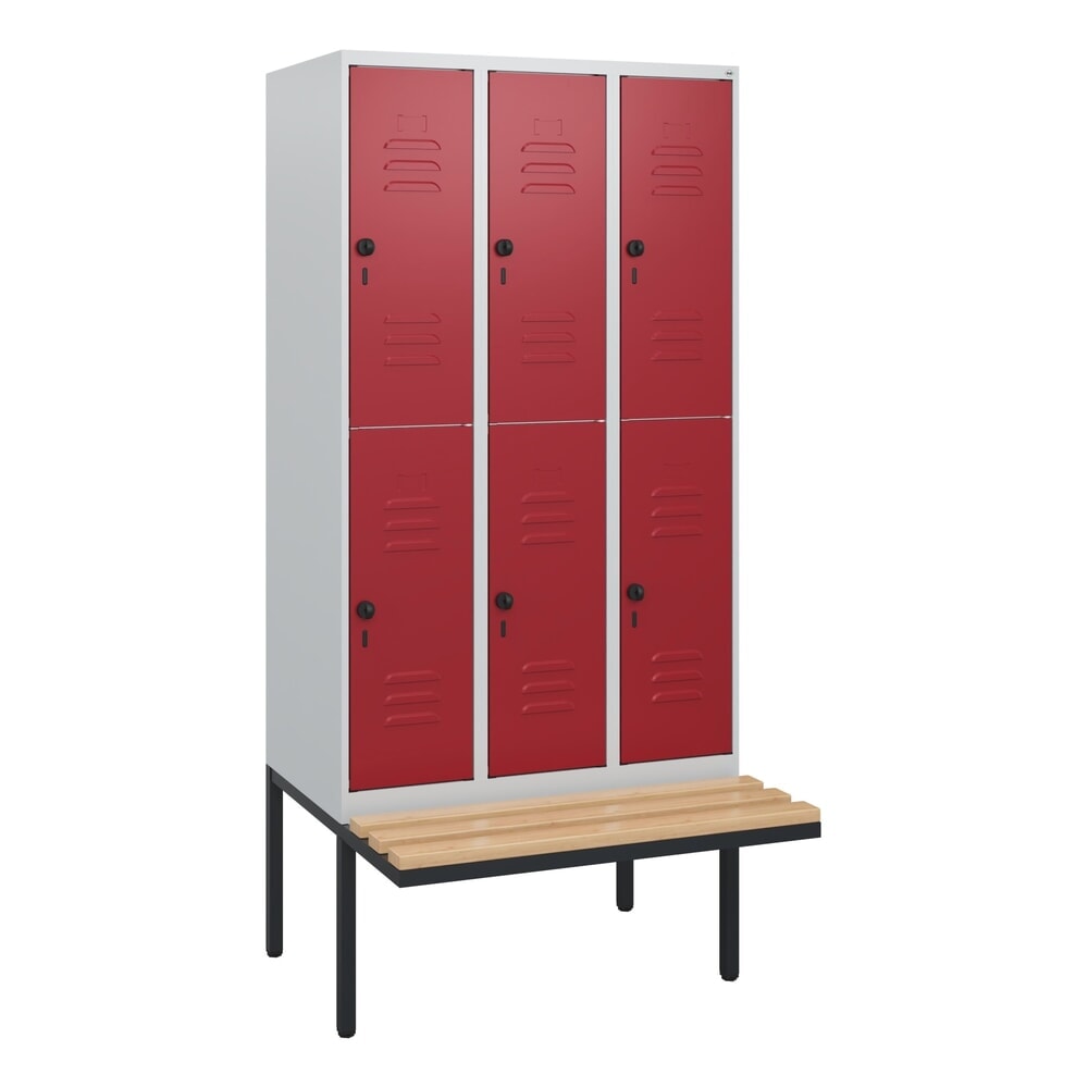 C+P Doppelstock-Spind Classic PLUS, 3 Abteile, HxBxT 1.950 x 900 x 815 mm, für Vorhängeschloss, auskragende Bank aus Buche, lichtgrau, rubinrot Produktabbildung Nr. 8: C+P Doppelstock-Spind Classic PLUS, 3 Abteile, HxBxT 1.950 x 900 x 815 mm, für Vorhängeschloss, auskragende Bank aus Buche, lichtgrau, rubinrot